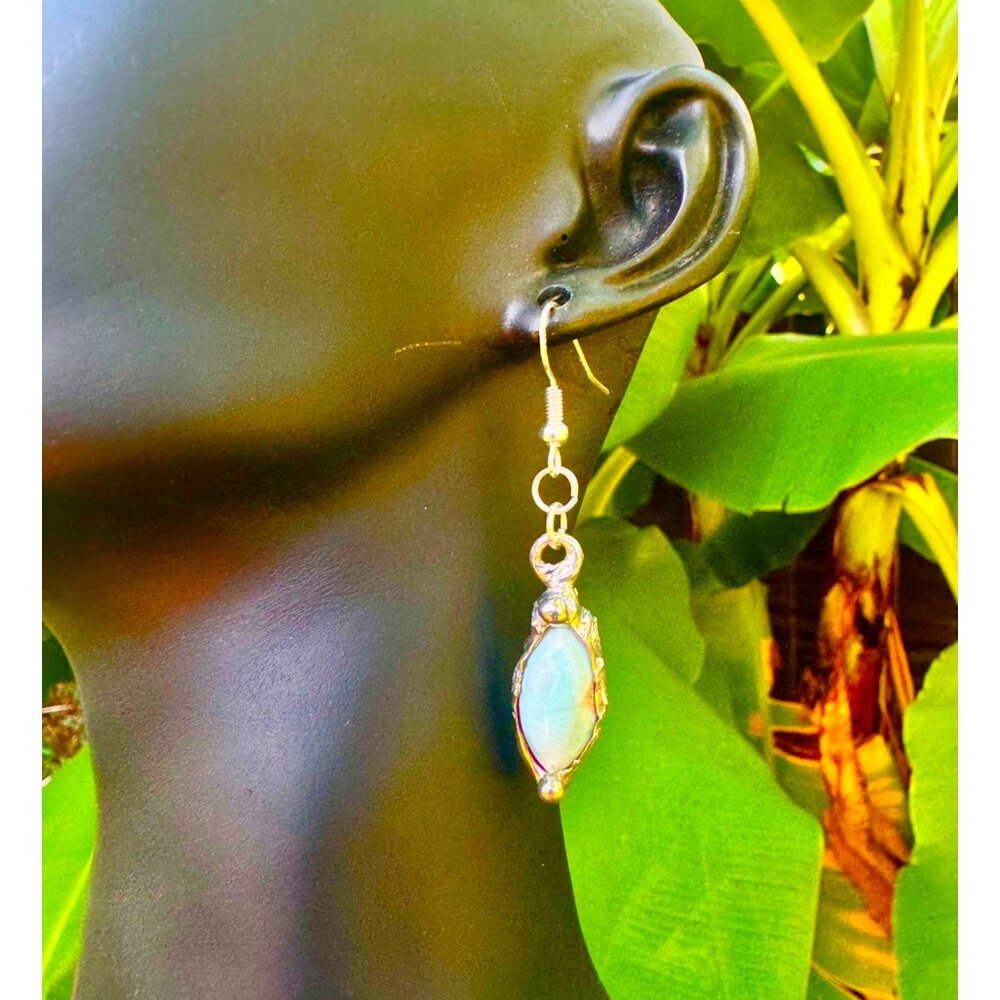 Larimar Dainty Earrings Encased In Boho Artisan Silver Bezels With 925 Hooks - Picture 3 of 14